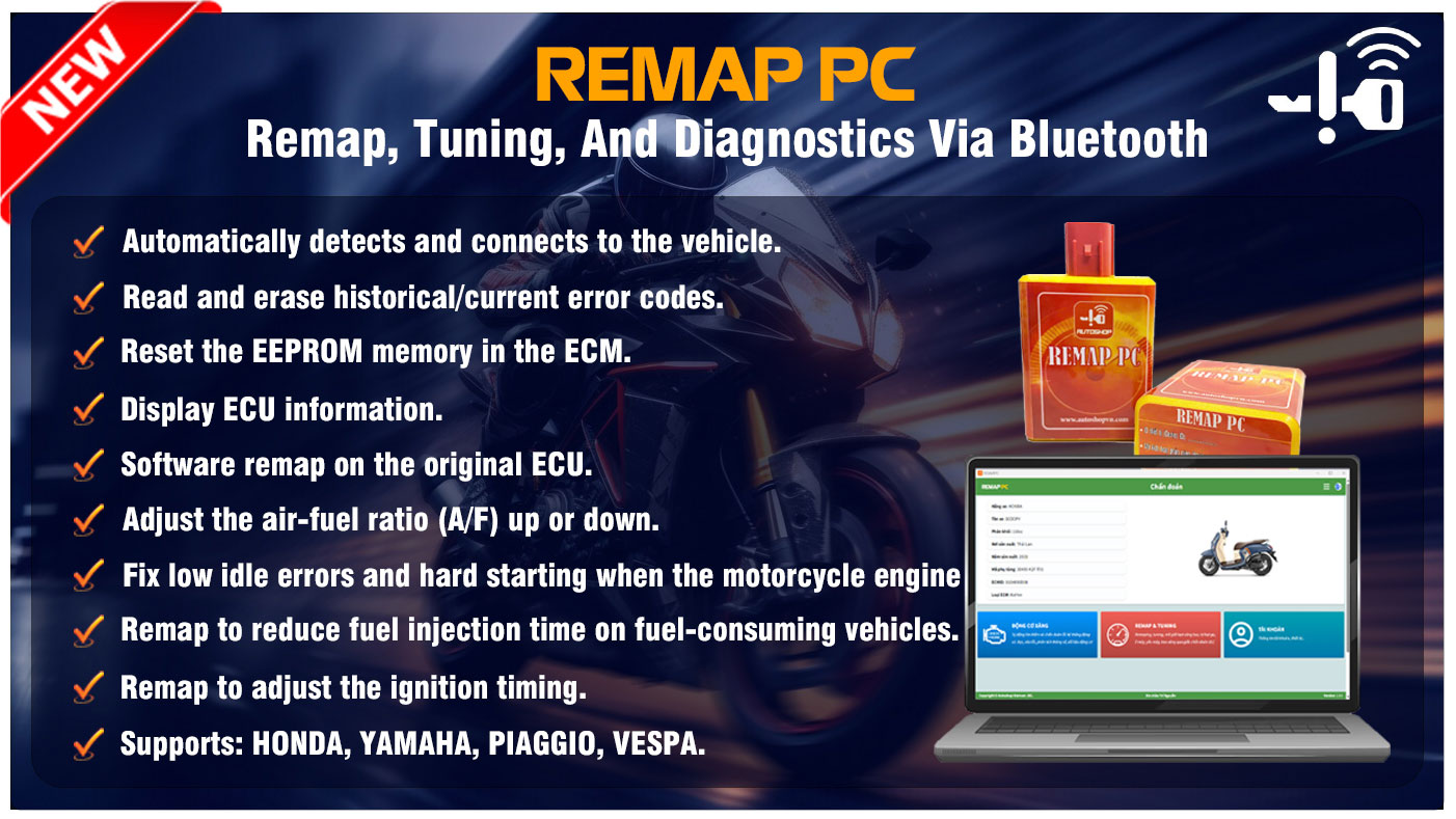New AutoShop REMAPTOOL PC New Version Remap and Tuning Device via Bluetooth for motorcycles from HONDA, YAMAHA, and PIAGGIO/VESPA brands | Emirates Keys