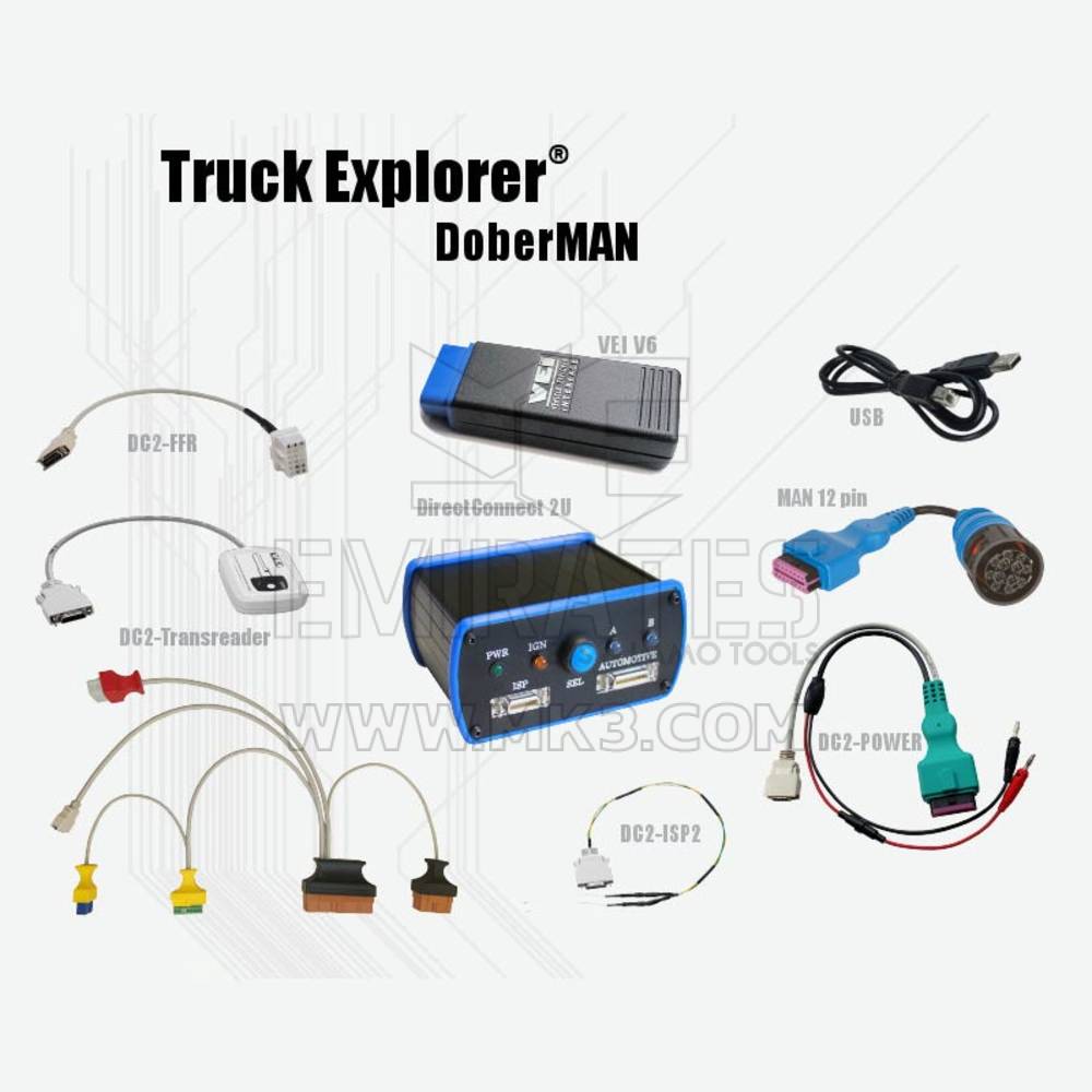 CAMION EXPLORATEUR DOBERMAN . Truck Explorer Doberman est un kit d'appareil VEI, d'outil DC2U et d'adaptateurs avec des fonctions spéciales pour les camions MAN | Clés Emirates