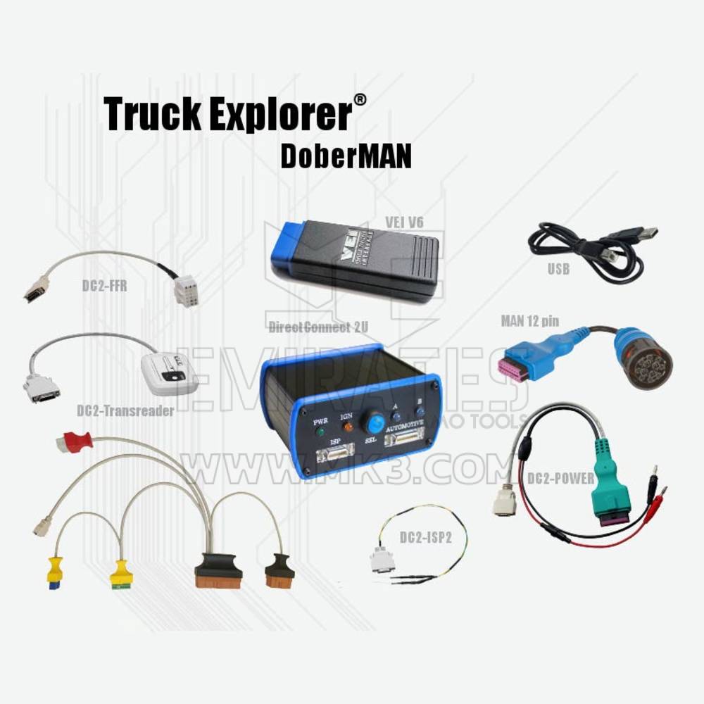 TRUCK EXPLORER DOBERMAN . Truck Explorer Doberman es un kit de dispositivo VEI, herramienta DC2U y adaptadores con funciones especiales para camiones MAN | Emirates Keys