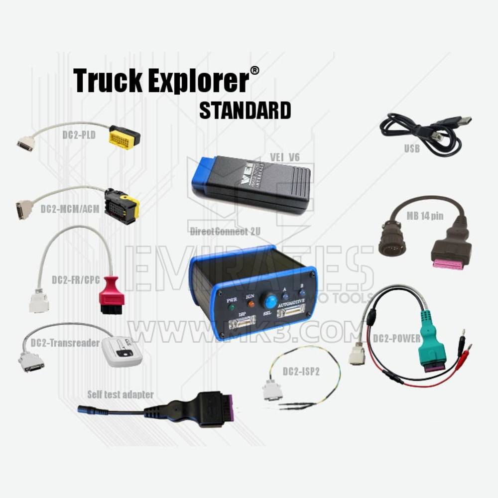 El kit estándar de Truck Explorer incluye las funciones más populares para camiones. Puede trabajar con la ECU en la mesa sobre la herramienta DirectConnect 2U. | Emirates Keys