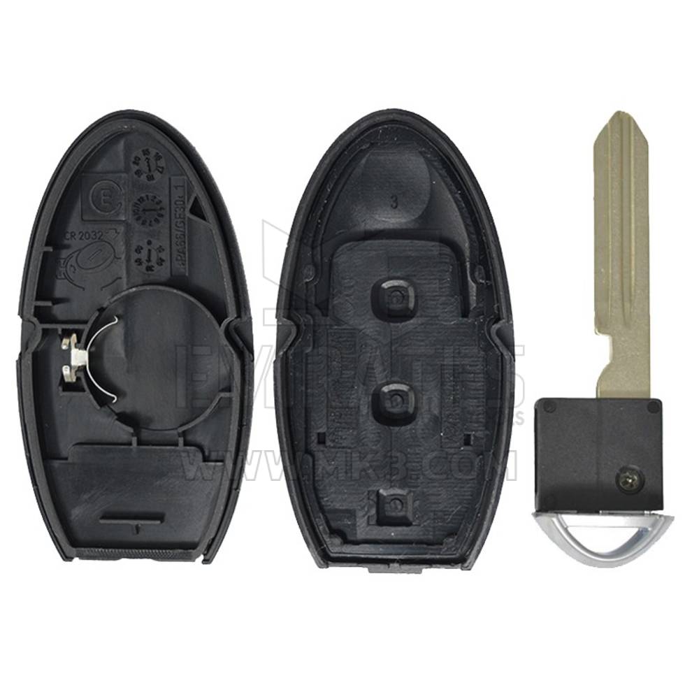 Carcasa de llave inteligente Nissan Infiniti de alta calidad, 2 + 1 botón con ranura lateral derecha, tipo de batería, reemplazo de carcasas de llavero Emirates Keys a precios bajos.