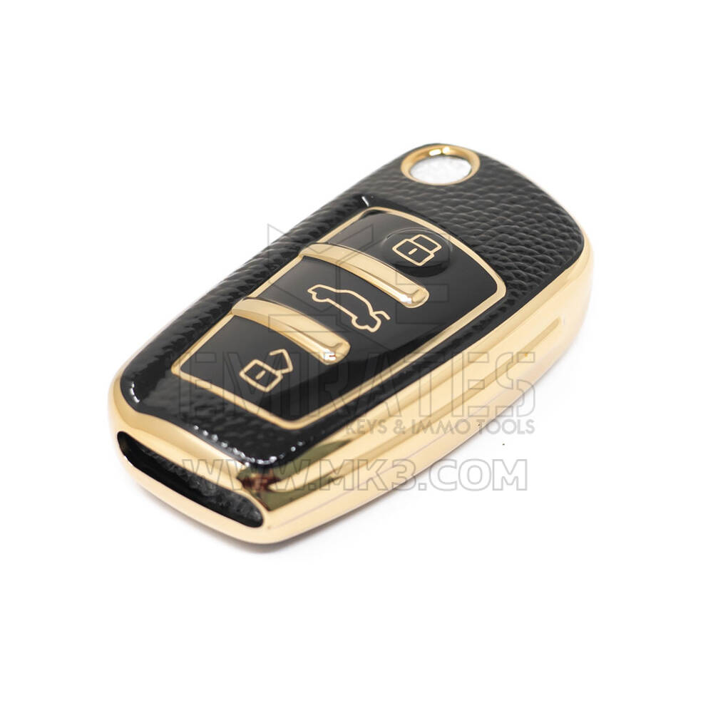 جديد ما بعد البيع نانو عالية الجودة غطاء جلد ذهبي لأودي فليب مفتاح بعيد 3 أزرار اللون الأسود Audi-C13J | مفاتيح الإمارات