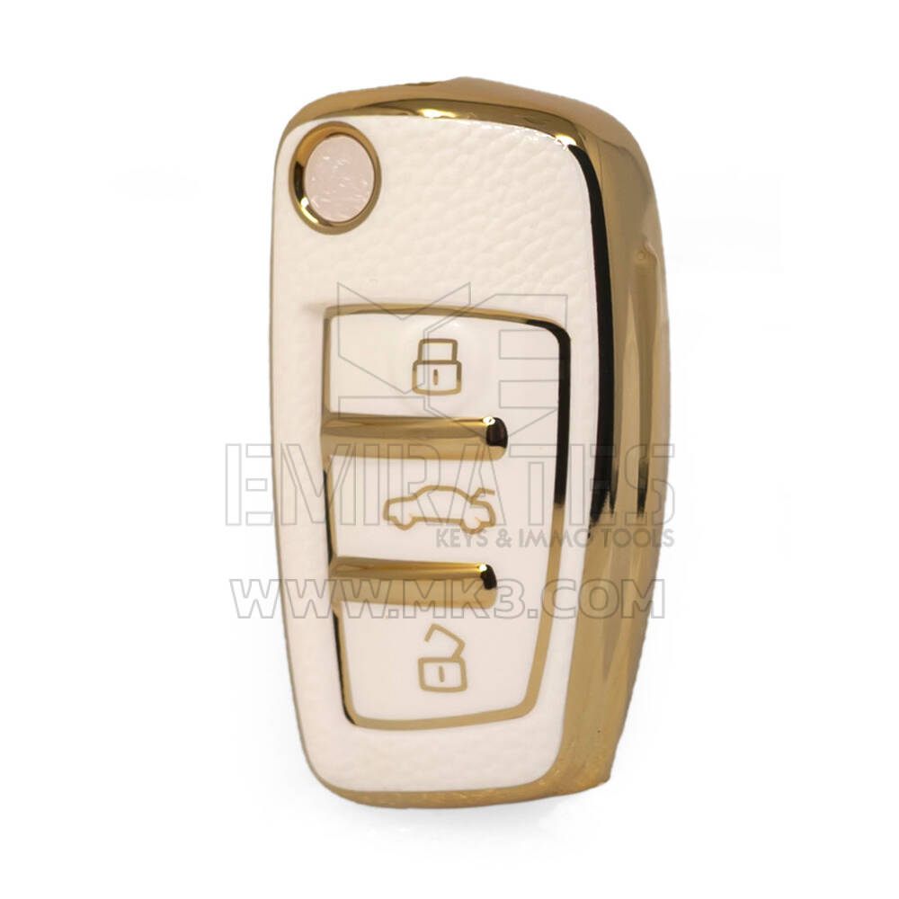 Nano High Quality Gold Leather Cover For Audi Flip Remote Key 3 Buttons White Color Audi-C13J
