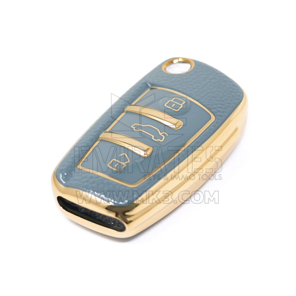 Nueva Funda de cuero dorado de alta calidad Nano del mercado de accesorios para Audi Flip Remote Key 3 botones Color gris Audi-C13J | Cayos de los Emiratos