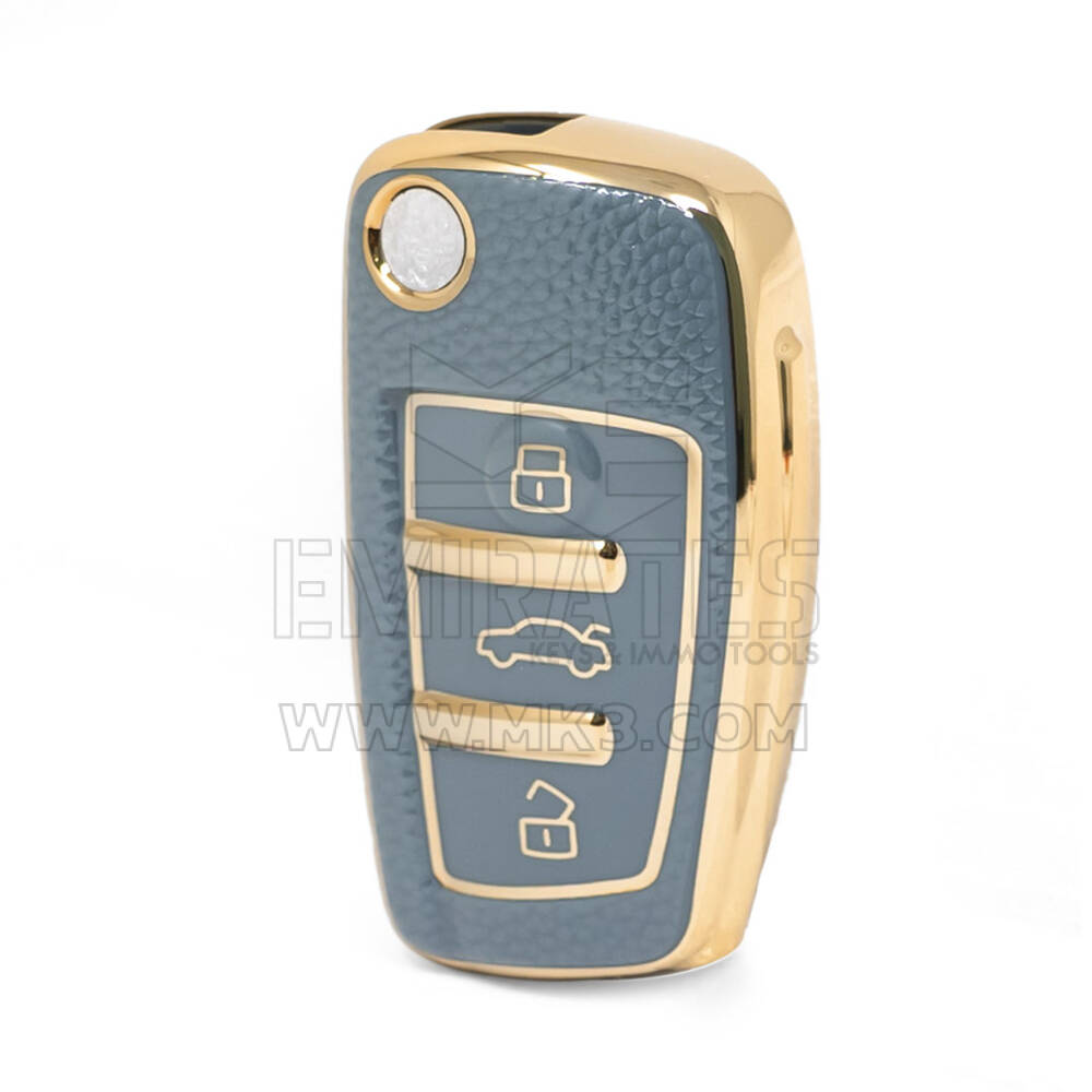 Nano High Quality Gold Leather Cover For Audi Flip Remote Key 3 Buttons Gray Color Audi-C13J