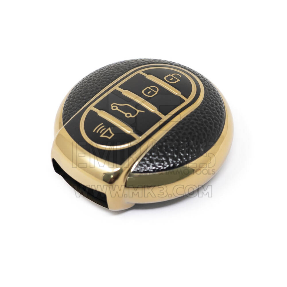 Novo aftermarket nano capa de couro ouro alta qualidade para mini cooper chave remota 4 botões cor preta BMW-C13J4 Chaves dos Emirados