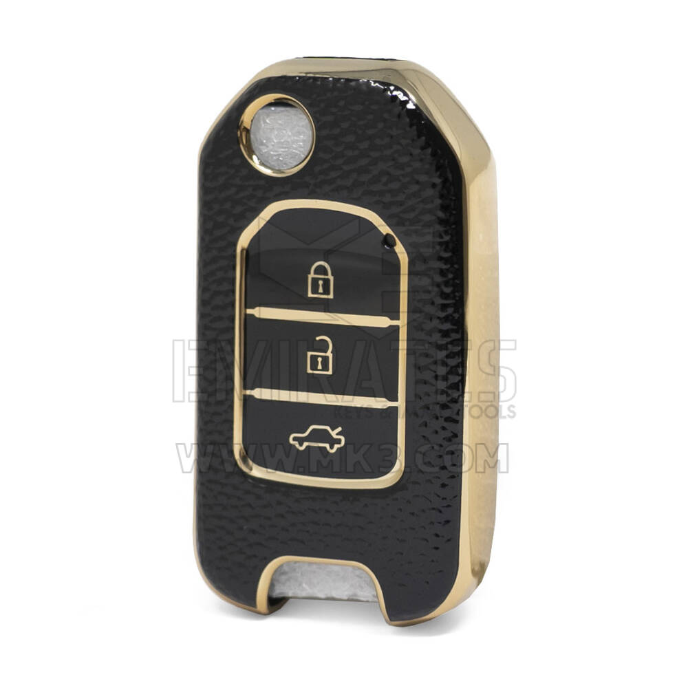 Nano High Quality Gold Leather Cover For Honda Flip Remote Key 3 Buttons Black Color HD-B13J3