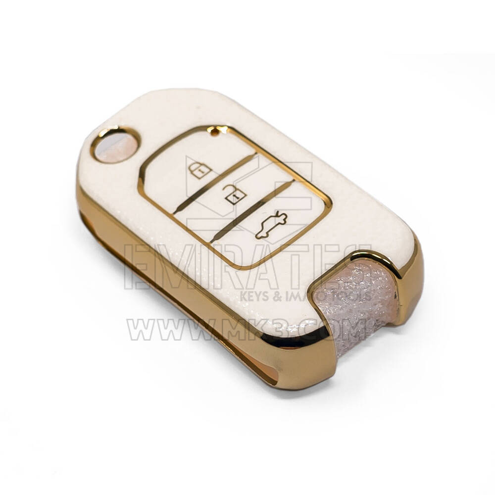 New Aftermarket Nano High Quality Gold Leather Cover For Honda Flip Remote Key 3 Buttons White Color HD-B13J3 | Emirates Keys