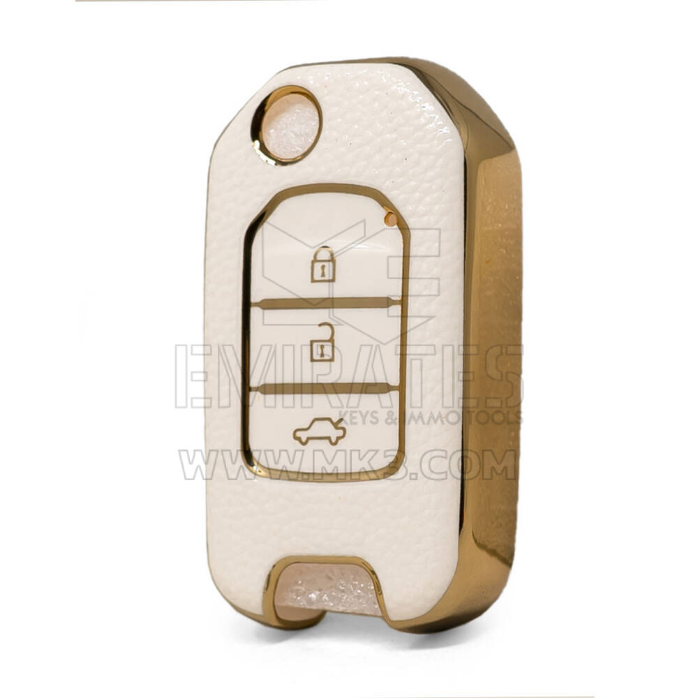 Nano High Quality Gold Leather Cover For Honda Flip Remote Key 3 Buttons White Color HD-B13J3