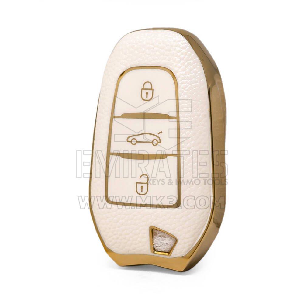 Nano Yüksek Kaliteli Altın Deri Kılıf Peugeot Uzaktan Anahtar 3 Düğme Beyaz Renk PG-A13J