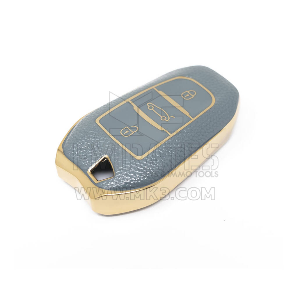 Nuova cover in pelle dorata aftermarket Nano di alta qualità per chiave remota Peugeot 3 pulsanti colore grigio PG-A13J | Chiavi degli Emirati