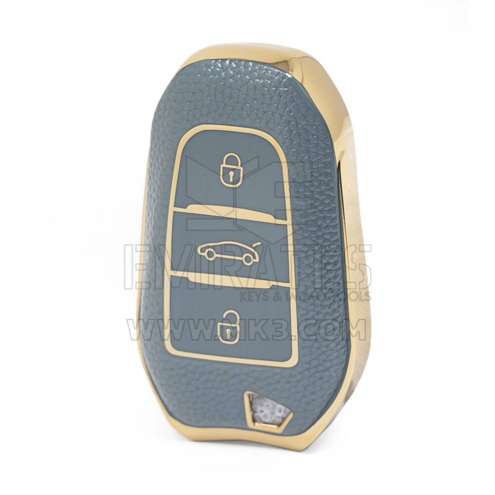 Capa de couro dourado nano de alta qualidade para chave remota Peugeot 3 botões cor cinza PG-A13J