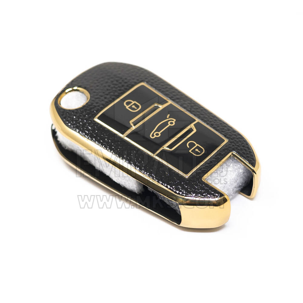 Nuova cover in pelle dorata aftermarket Nano di alta qualità per chiave remota Peugeot Flip 3 pulsanti colore nero PG-C13J | Chiavi degli Emirati