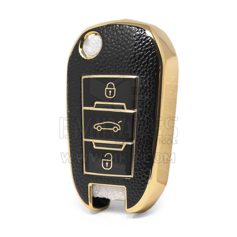 Nano High Quality Gold Leather Cover For Peugeot Flip Remote Key 3 Buttons Black Color PG-C13J