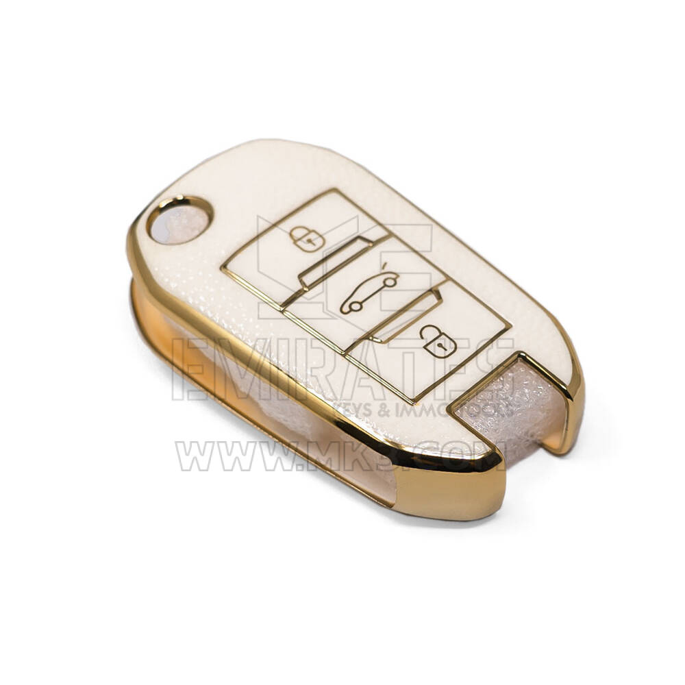 Nueva Funda de cuero dorado Nano de alta calidad para llave remota Peugeot Flip, 3 botones, Color blanco, PG-C13J | Cayos de los Emiratos