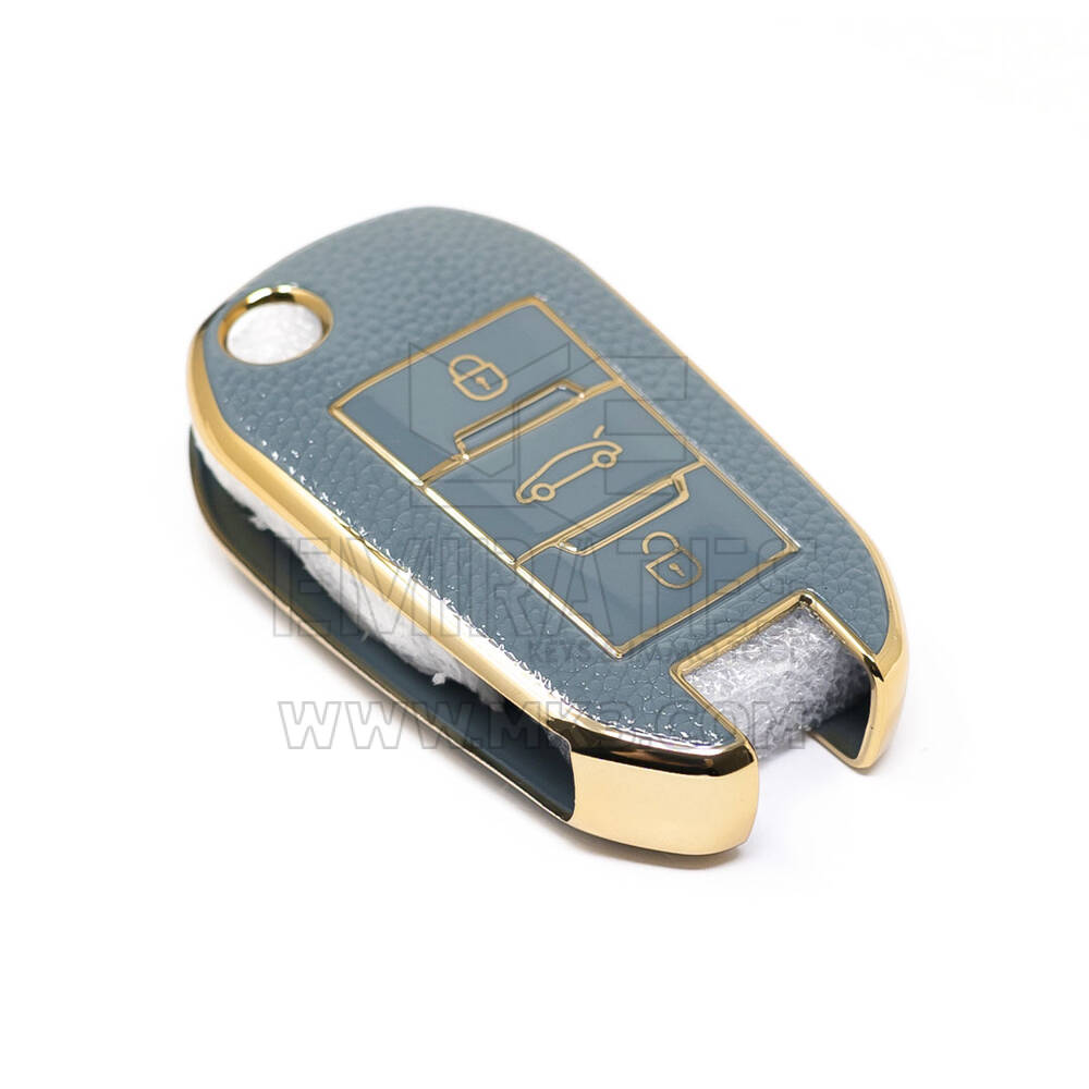 New Aftermarket Nano High Quality Gold Leather Cover For Peugeot Flip Remote Key 3 Buttons Gray Color PG-C13J  | Emirates Keys
