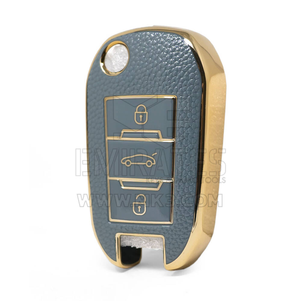 Nano High Quality Gold Leather Cover For Peugeot Flip Remote Key 3 Buttons Gray Color PG-C13J