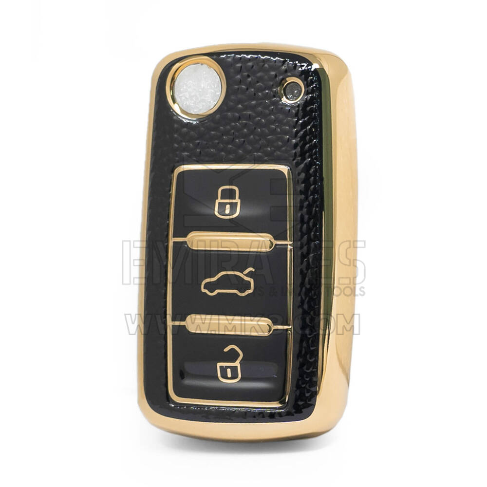 Nano Funda de cuero dorado de alta calidad para llave remota abatible de Volkswagen, 3 botones, Color negro, VW-A13J