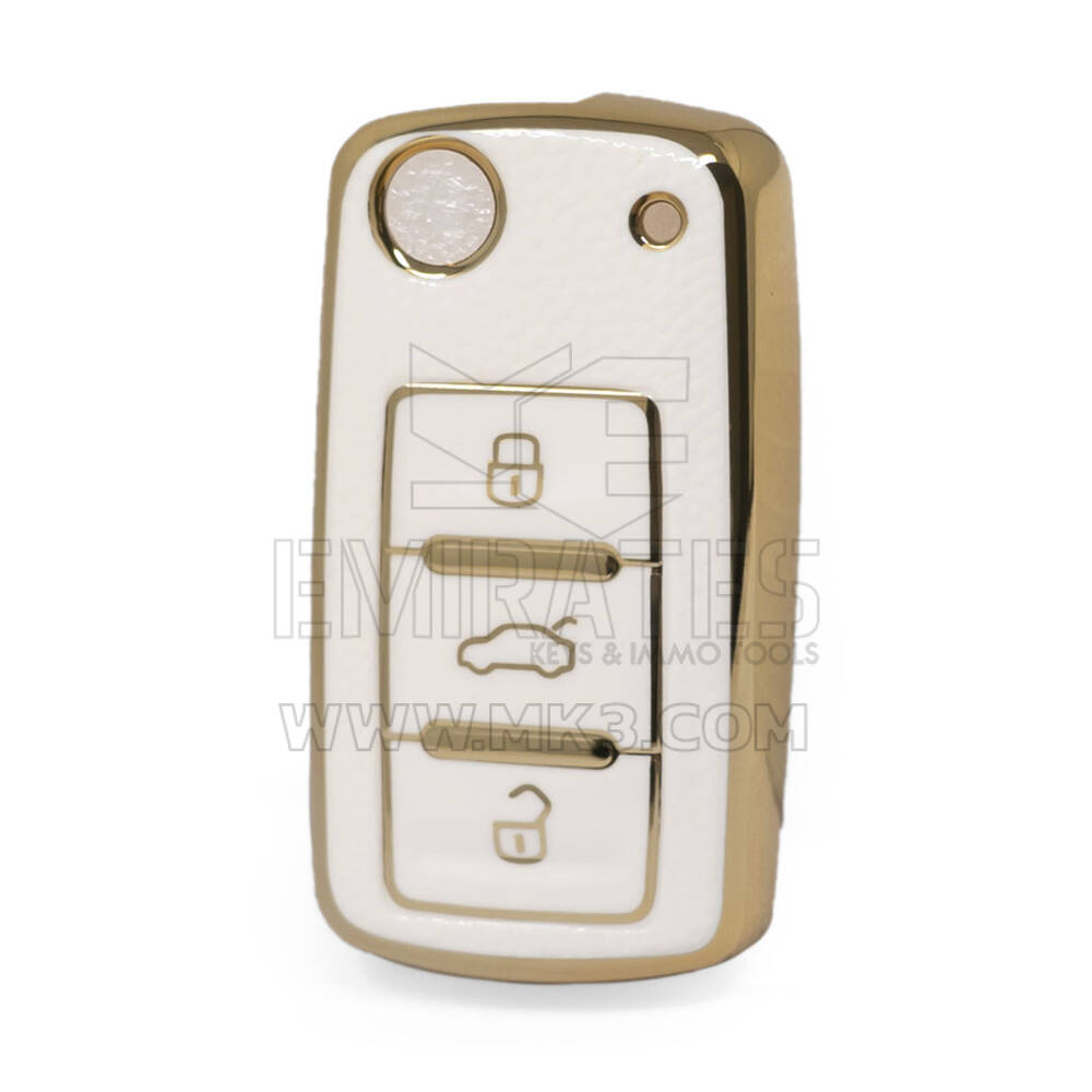 Nano Funda de cuero dorado de alta calidad para llave remota abatible de Volkswagen, 3 botones, Color blanco VW-A13J