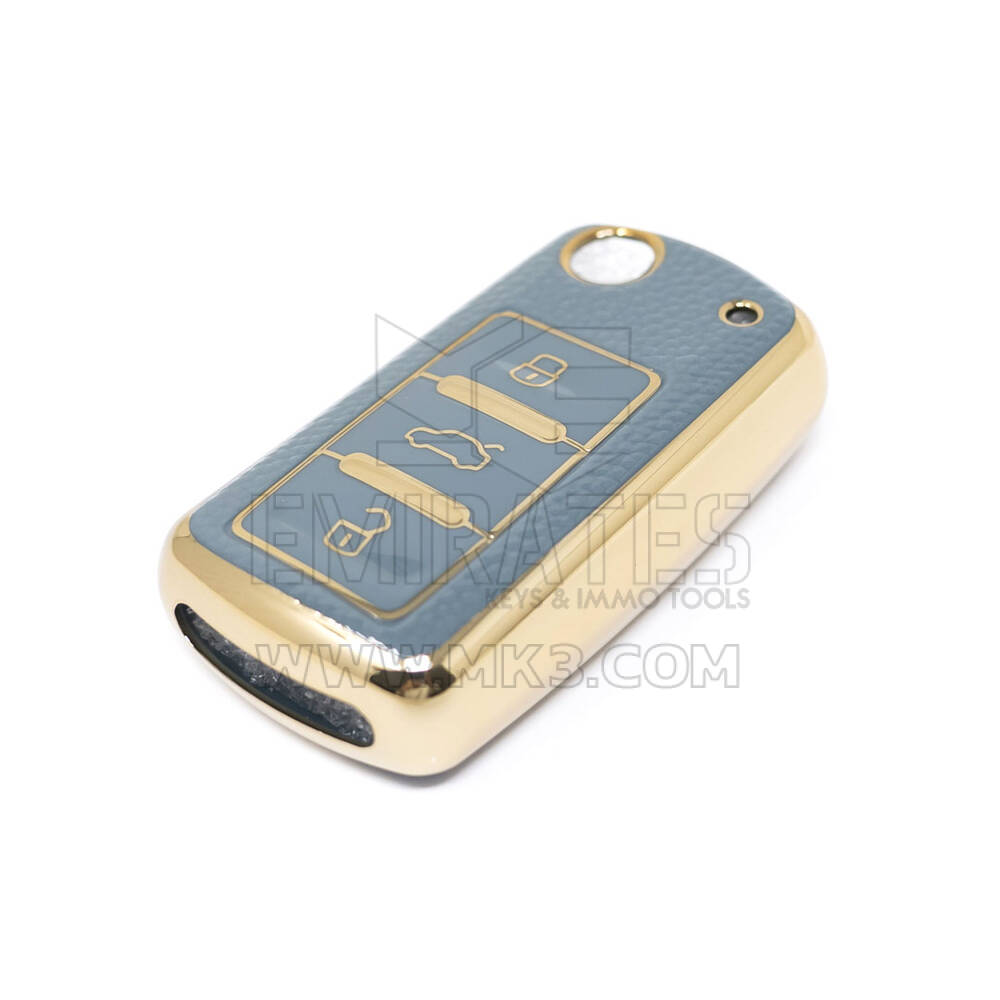 New Aftermarket Nano High Quality Gold Leather Cover For Volkswagen Flip Remote Key 3 Buttons Gray Color VW-A13J | Emirates Keys