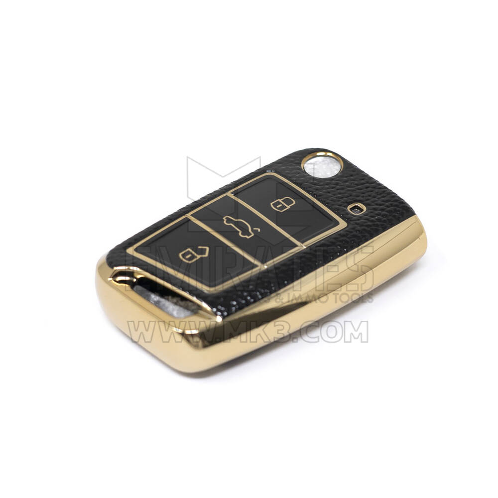 New Aftermarket Nano High Quality Gold Leather Cover For Volkswagen Flip Remote Key 3 Buttons Black Color VW-B13J | Emirates Keys