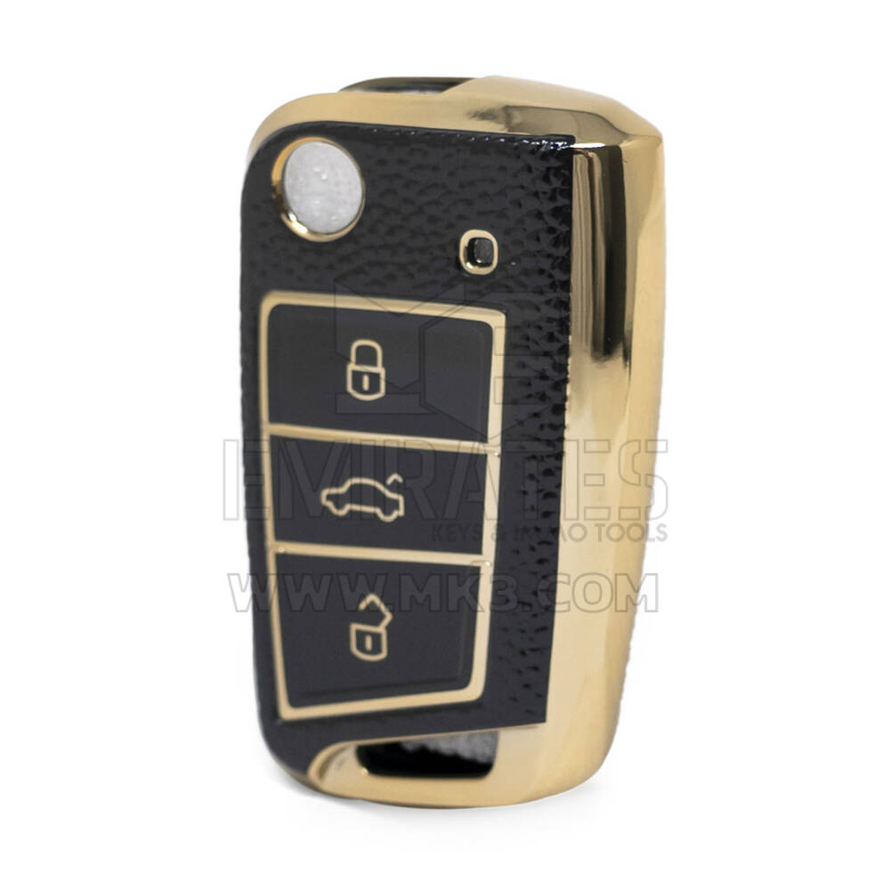 Nano High Quality Gold Leather Cover For Volkswagen Flip Remote Key 3 Buttons Black Color VW-B13J