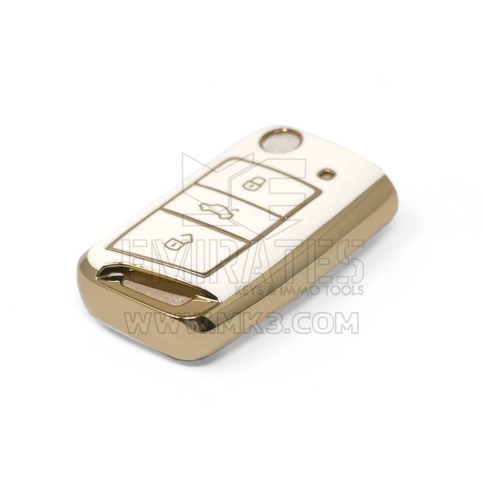 New Aftermarket Nano High Quality Gold Leather Cover For Volkswagen Flip Remote Key 3 Buttons White Color VW-B13J | Emirates Keys