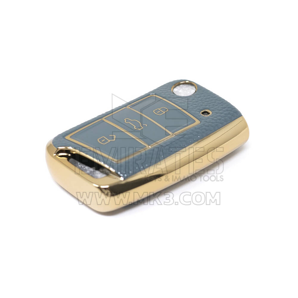 New Aftermarket Nano High Quality Gold Leather Cover For Volkswagen Flip Remote Key 3 Buttons Gray Color VW-B13J | Emirates Keys