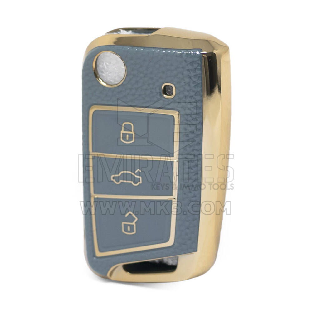 Nano High Quality Gold Leather Cover For Volkswagen Flip Remote Key 3 Buttons Gray Color VW-B13J