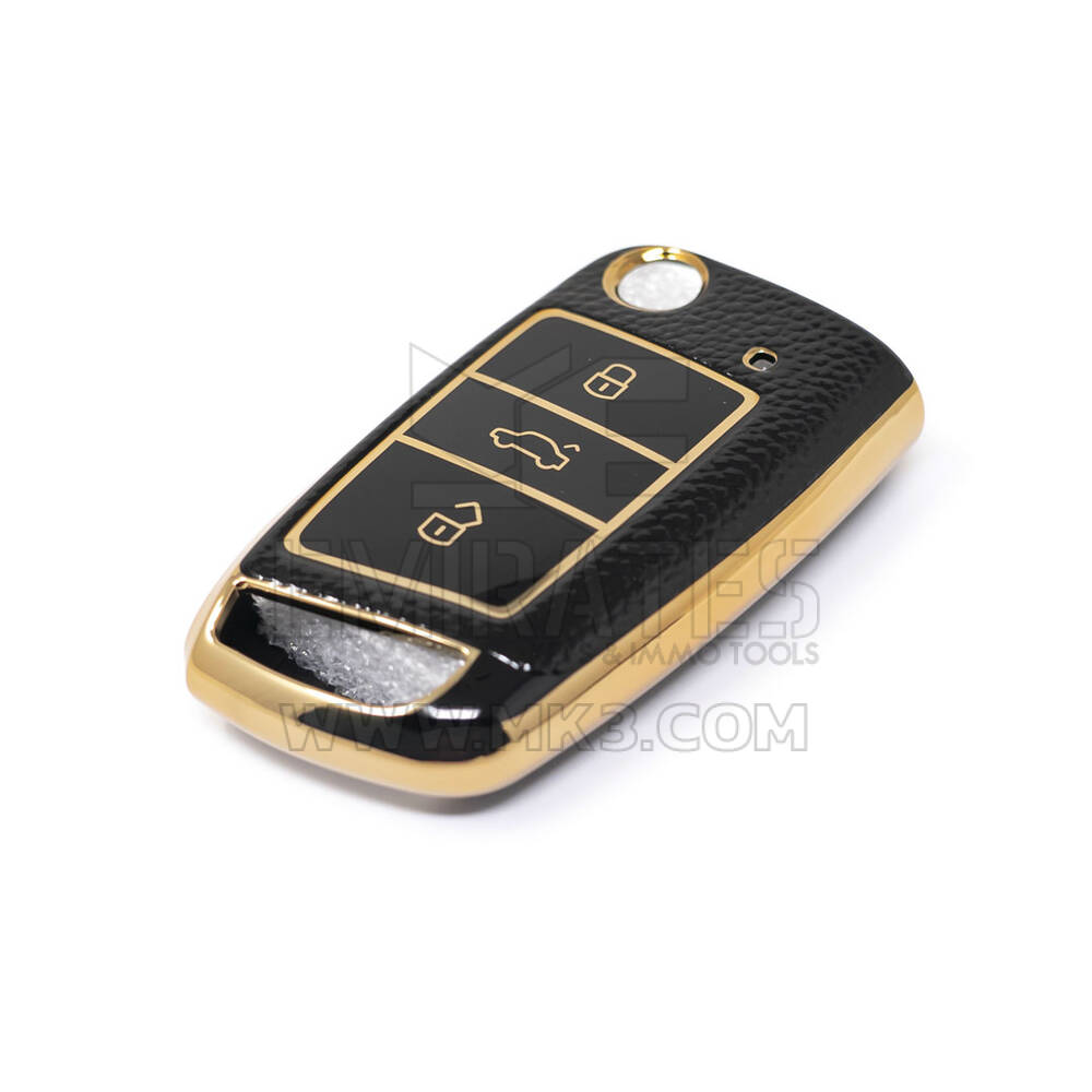 New Aftermarket Nano High Quality Gold Leather Cover For Volkswagen Flip Remote Key 3 Buttons Black Color VW-E13J | Emirates Keys