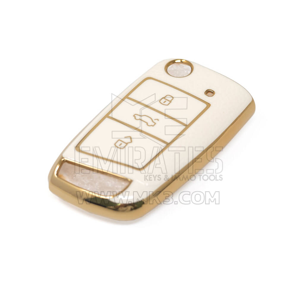 New Aftermarket Nano High Quality Gold Leather Cover For Volkswagen Flip Remote Key 3 Buttons White Color VW-E13J | Emirates Keys