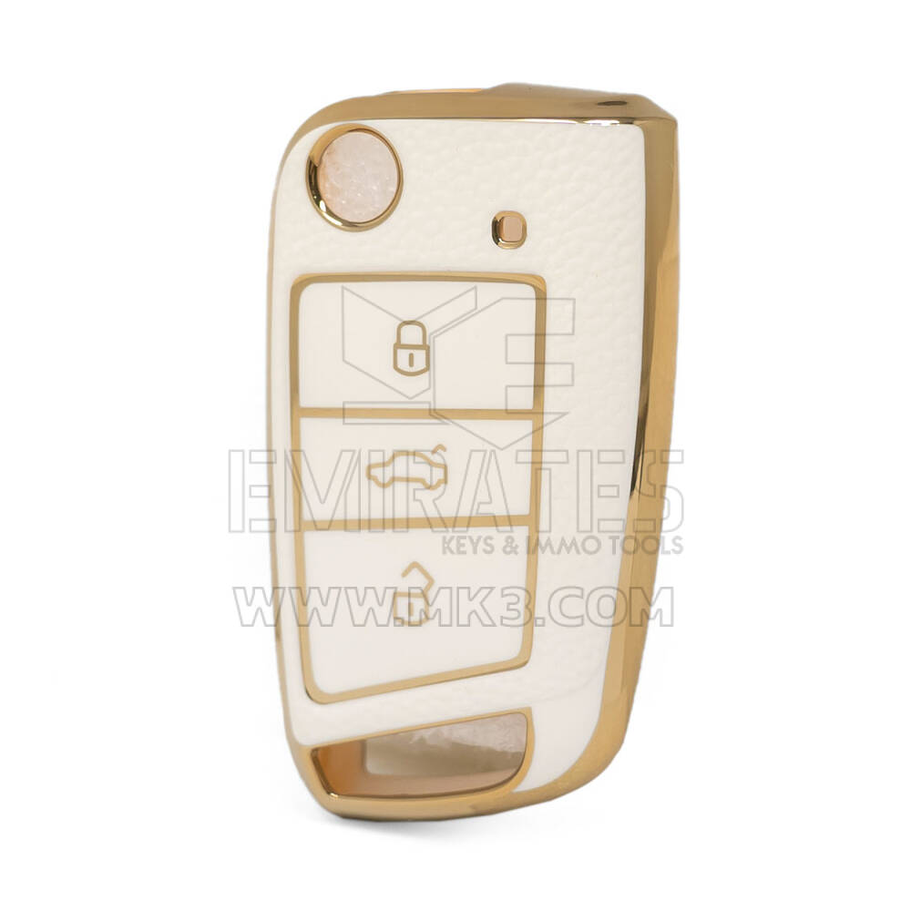 Nano High Quality Gold Leather Cover For Volkswagen Flip Remote Key 3 Buttons White Color VW-E13J