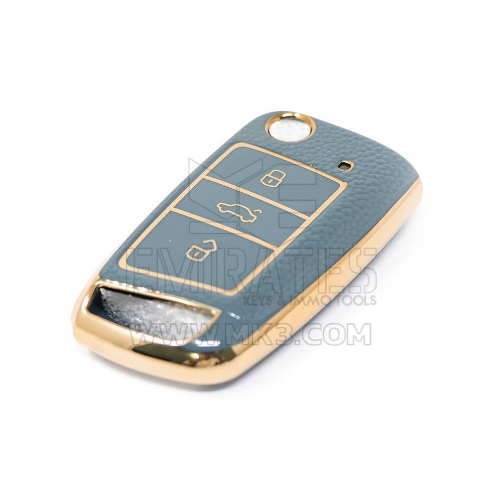 New Aftermarket Nano High Quality Gold Leather Cover For Volkswagen Flip Remote Key 3 Buttons Gray Color VW-E13J | Emirates Keys