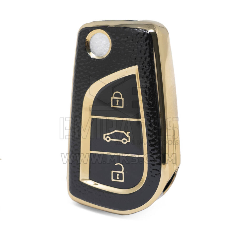 Nano High Quality Gold Leather Cover For Toyota Flip Remote Key 3 Buttons Black Color TYT-C13J