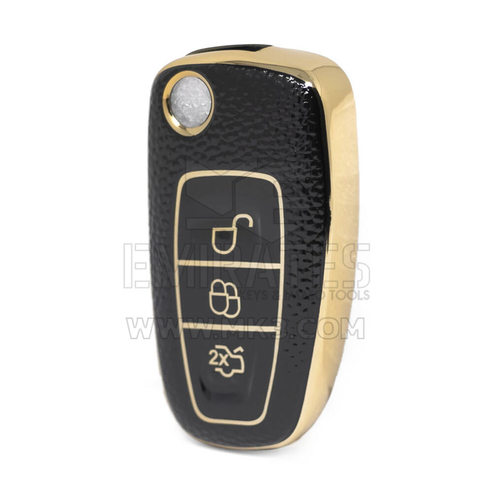 Nano High Quality Gold Leather Cover For Ford Flip Remote Key 3 Buttons Black Color Ford-E13J