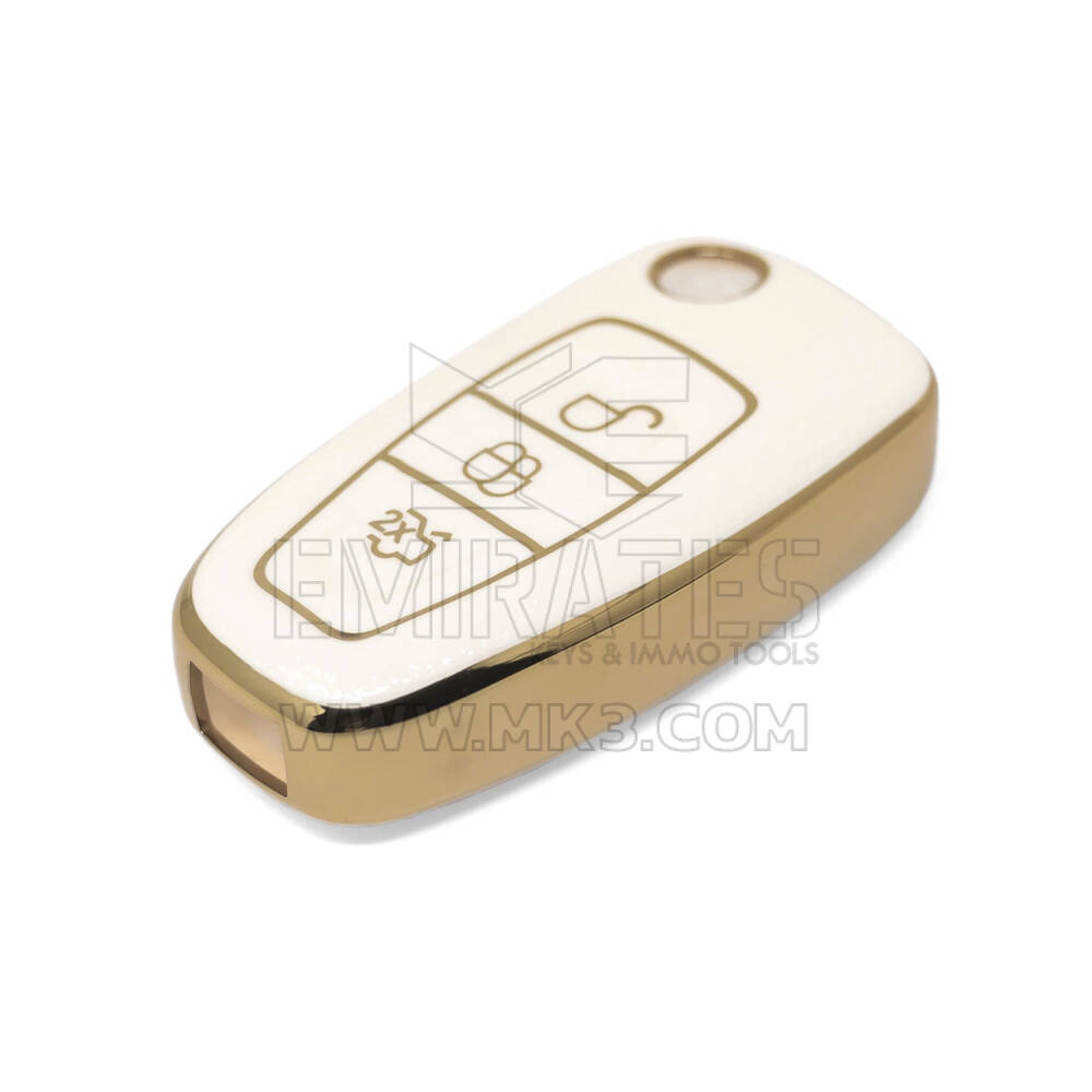 جديد ما بعد البيع نانو عالية الجودة غطاء جلد ذهبي لفورد فليب مفتاح بعيد 3 أزرار اللون الأبيض Ford-E13J | مفاتيح الإمارات