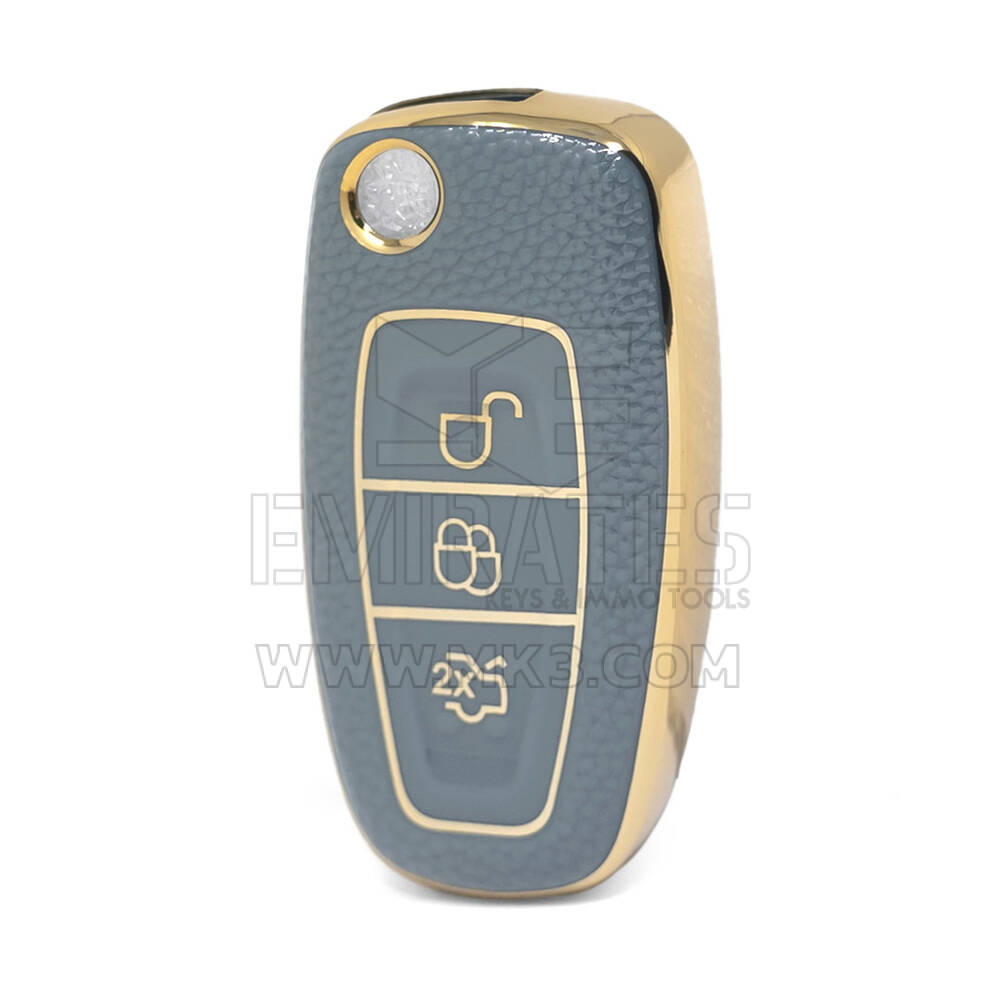 Nano High Quality Gold Leather Cover For Ford Flip Remote Key 3 Buttons Gray Color Ford-E13J