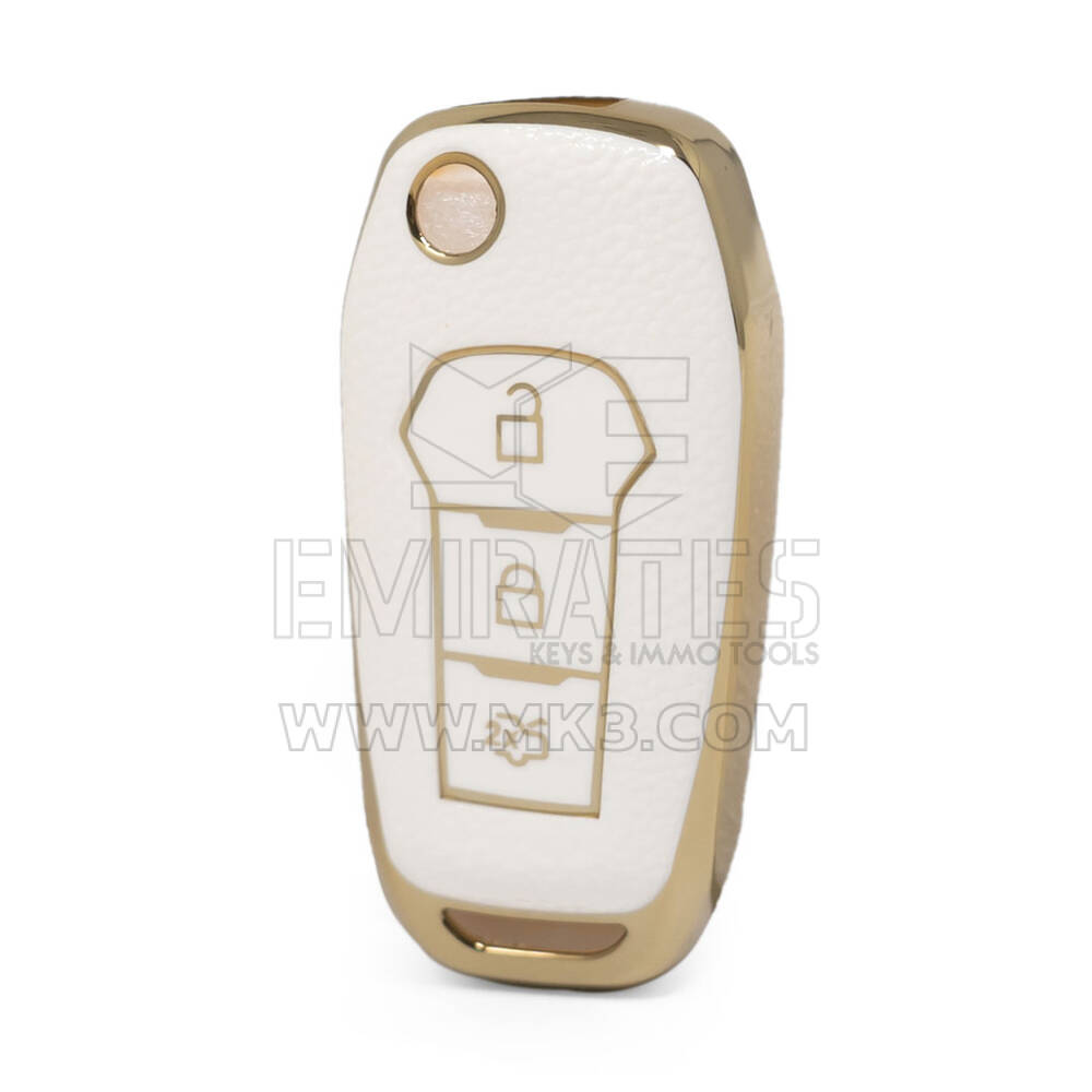Nano High Quality Gold Leather Cover For Ford Flip Remote Key 3 Buttons White Color Ford-F13J