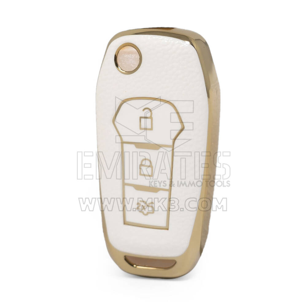 Nano Funda de cuero dorado de alta calidad para llave remota Ford Flip, 3 botones, Color blanco, Ford-F13J