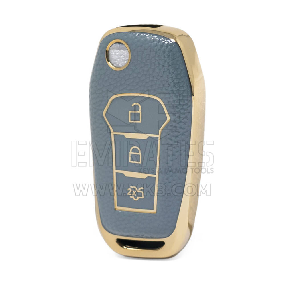 Nano High Quality Gold Leather Cover For Ford Flip Remote Key 3 Buttons Gray Color Ford-F13J