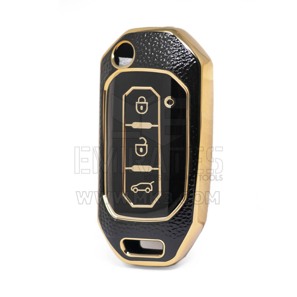 Nano High Quality Gold Leather Cover For Ford Flip Remote Key 3 Buttons Black Color Ford-I13J