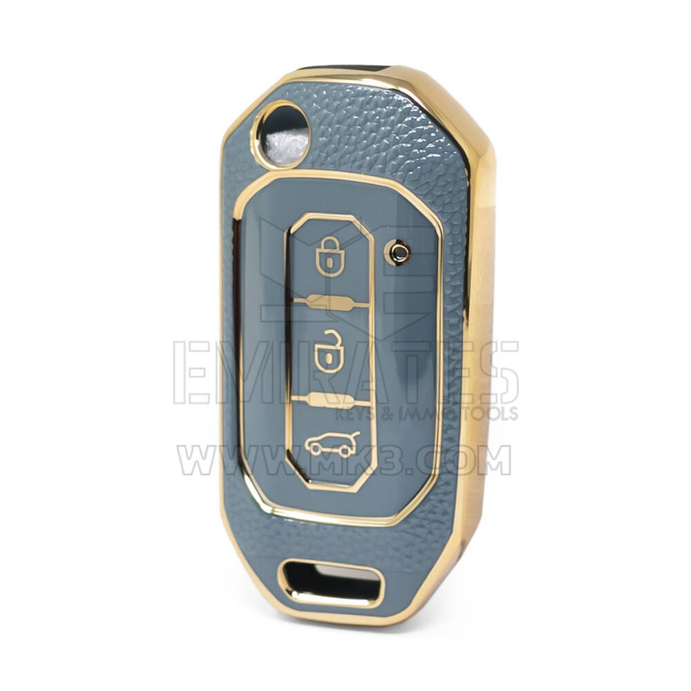 Nano High Quality Gold Leather Cover For Ford Flip Remote Key 3 Buttons Gray Color Ford-I13J
