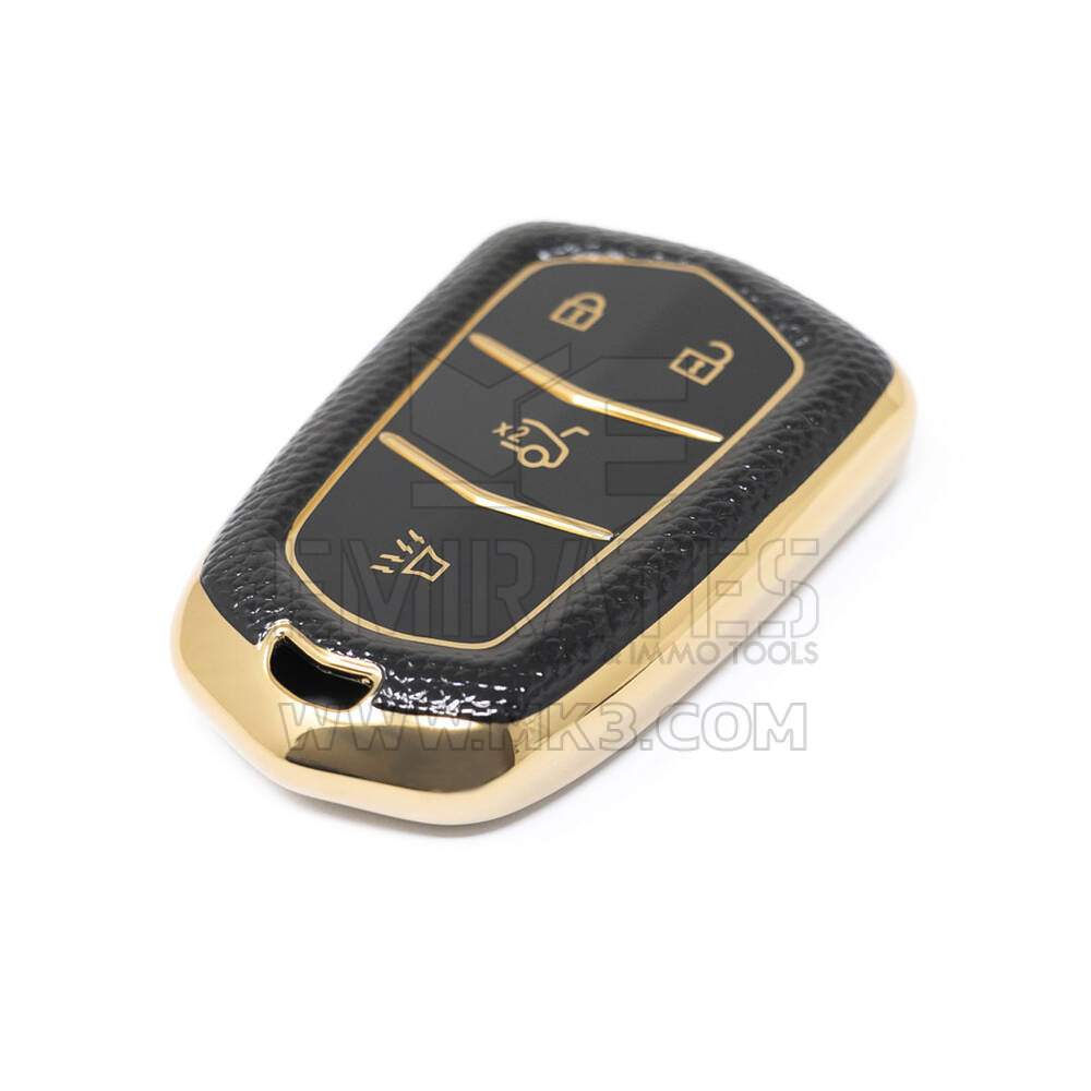 Novo aftermarket nano capa de couro dourado de alta qualidade para chave remota cadillac 4 botões cor preta CDLC-A13J4 Chaves dos Emirados