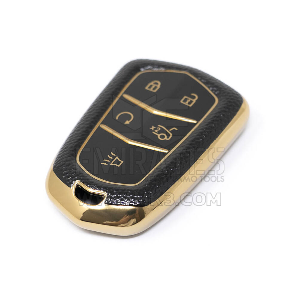 Novo aftermarket nano capa de couro dourado de alta qualidade para chave remota cadillac 5 botões cor preta CDLC-A13J5 Chaves dos Emirados