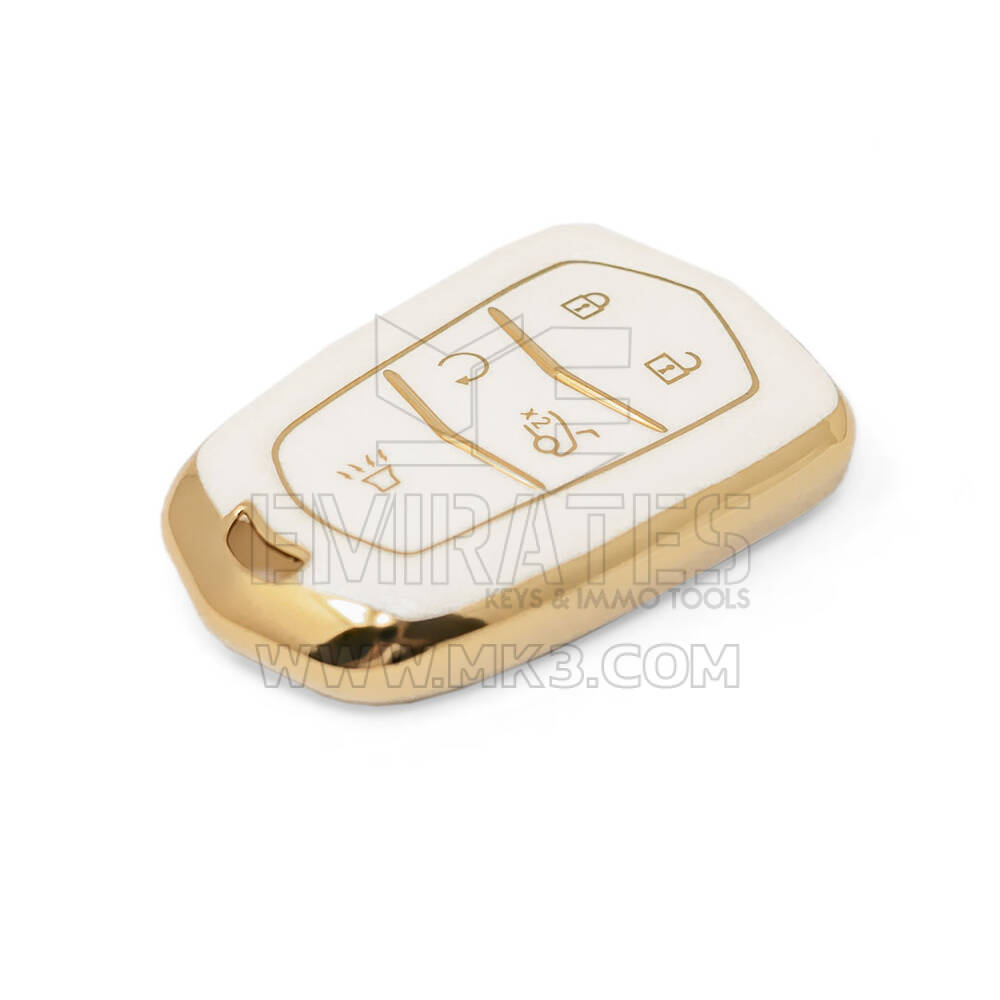New Aftermarket Nano High Quality Gold Leather Cover For Cadillac Remote Key 5 Buttons White Color CDLC-A13J5 | Emirates Keys