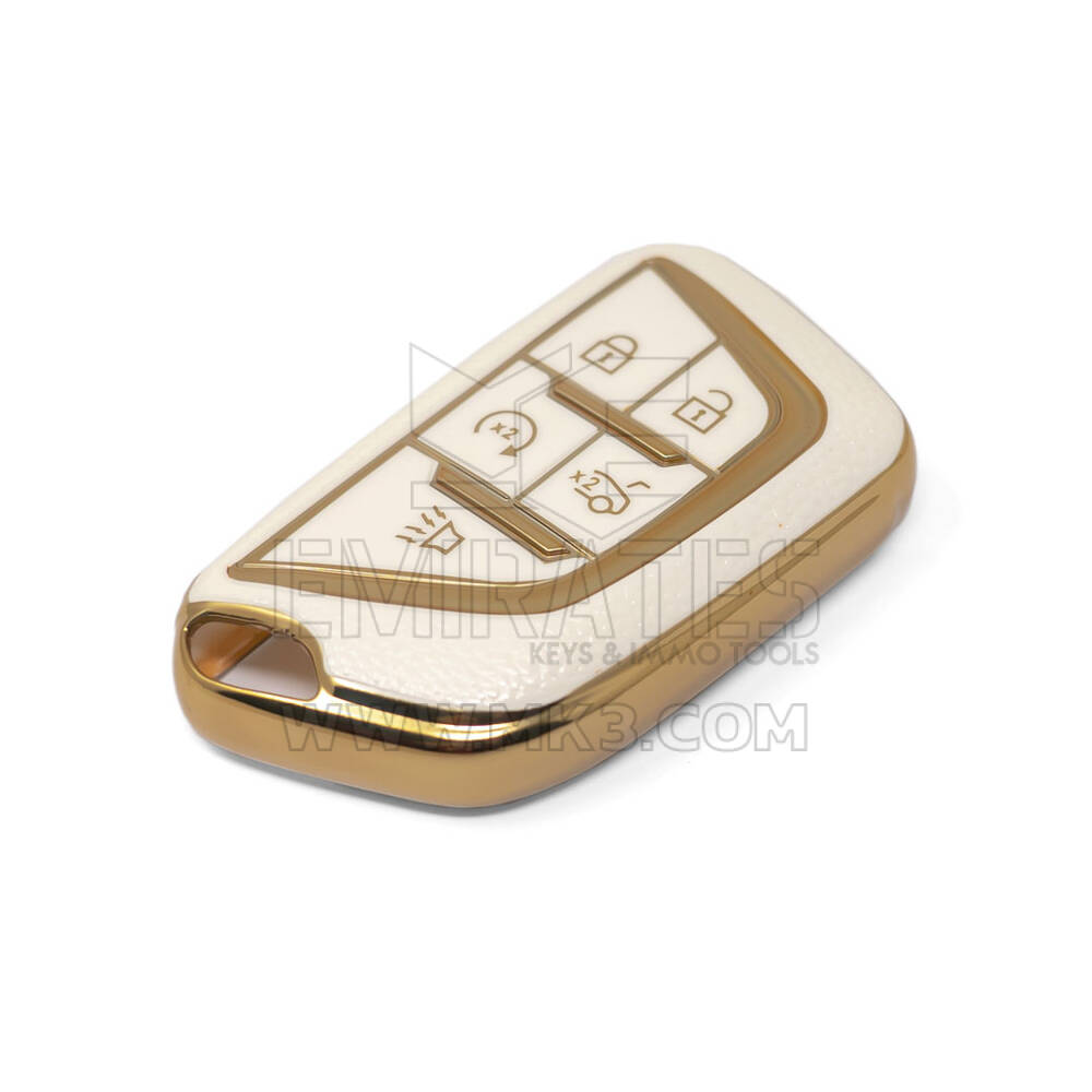 New Aftermarket Nano High Quality Gold Leather Cover For Cadillac Remote Key 5 Buttons White Color CDLC-B13J | Emirates Keys