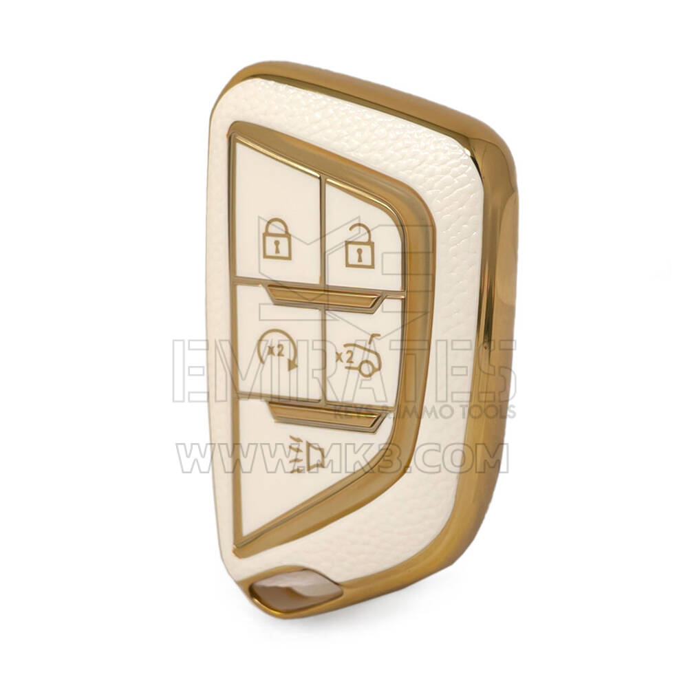 Nano High Quality Gold Leather Cover For Cadillac Remote Key 5 Buttons White Color CDLC-B13J