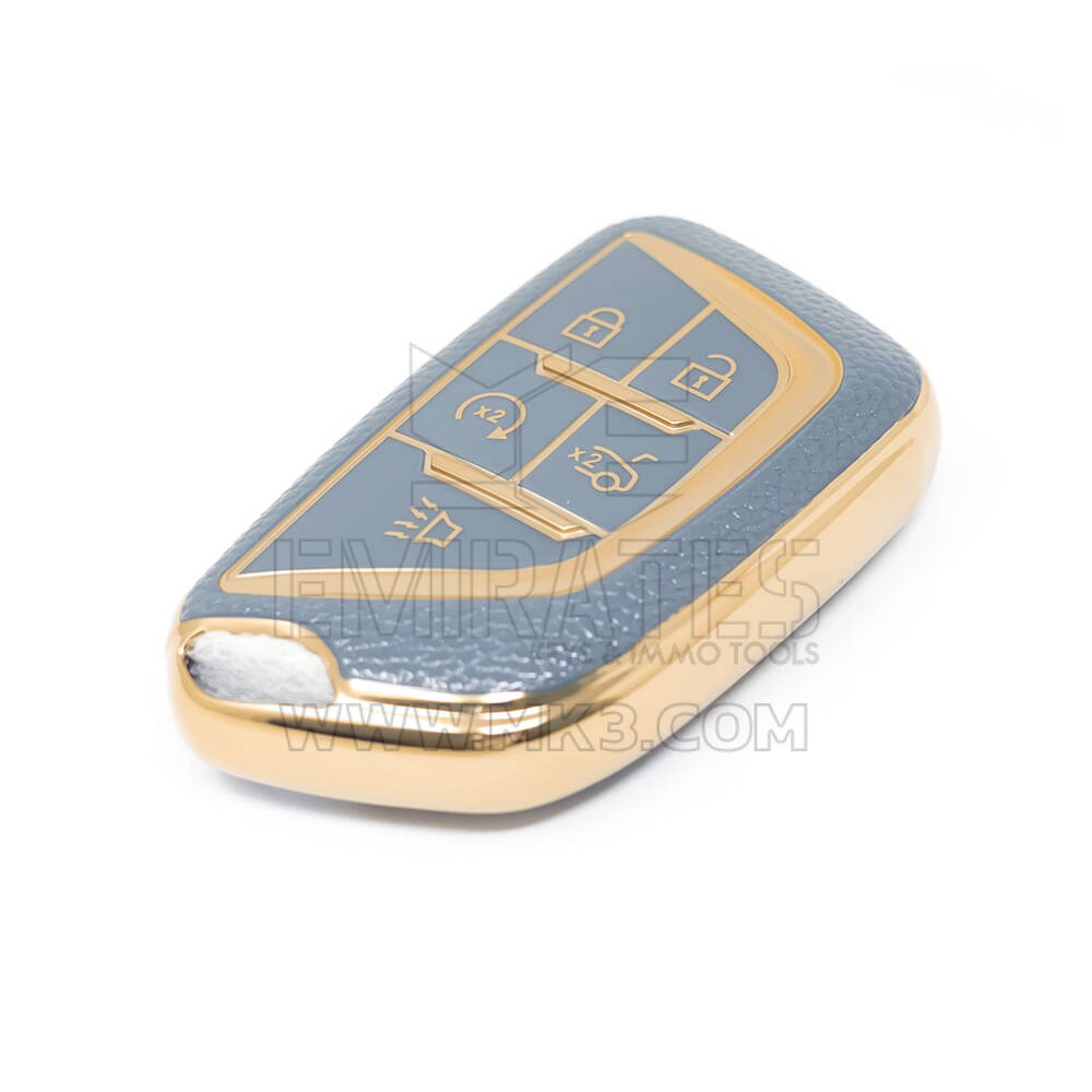 New Aftermarket Nano High Quality Gold Leather Cover For Cadillac Remote Key 5 Buttons Gray Color CDLC-B13J | Emirates Keys