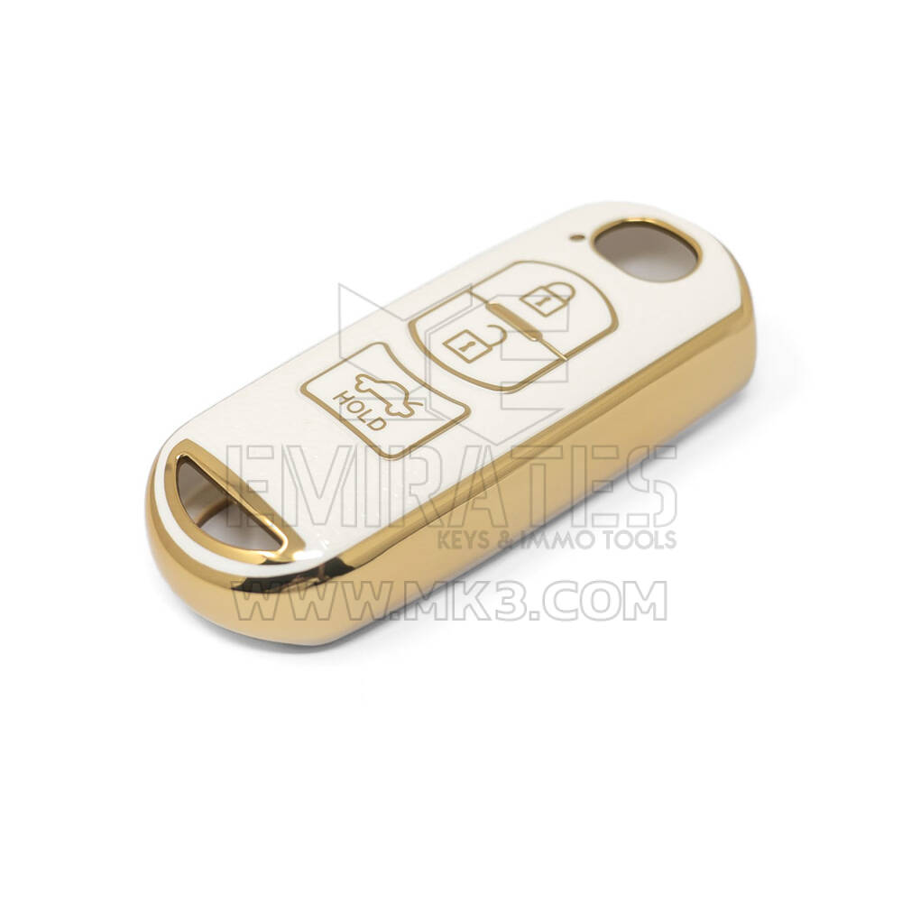 جديد ما بعد البيع نانو عالية الجودة غطاء جلد ذهبي لمازدا مفتاح بعيد 3 أزرار اللون الأبيض MZD-A13J3 | مفاتيح الإمارات