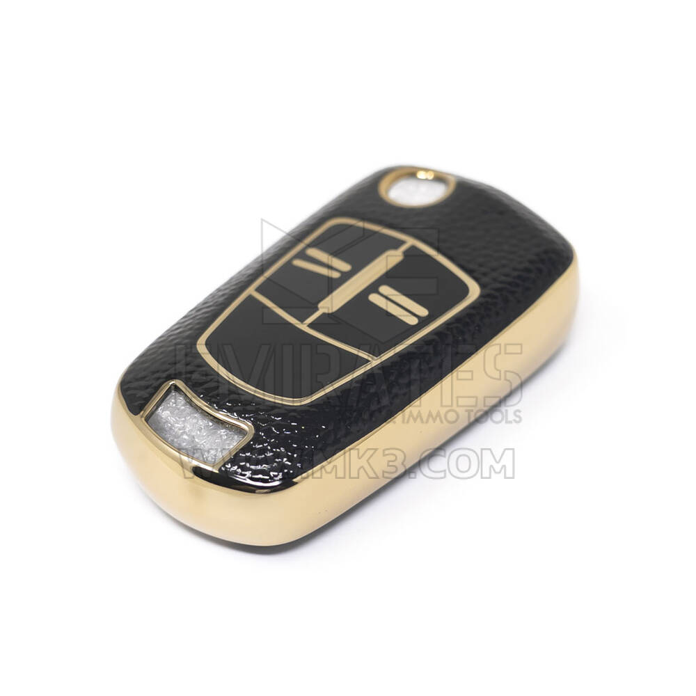 Novo aftermarket nano capa de couro ouro alta qualidade para opel flip remoto chave 2 botões cor preta OPEL-A13J Chaves dos Emirados